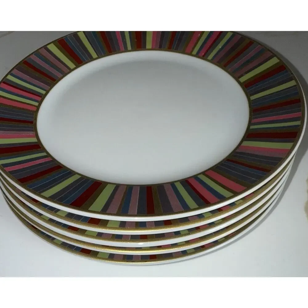 Pottery Barn Stripe Set of Salad Dessert Plates Multi-Color Rims 7 1/2 inches